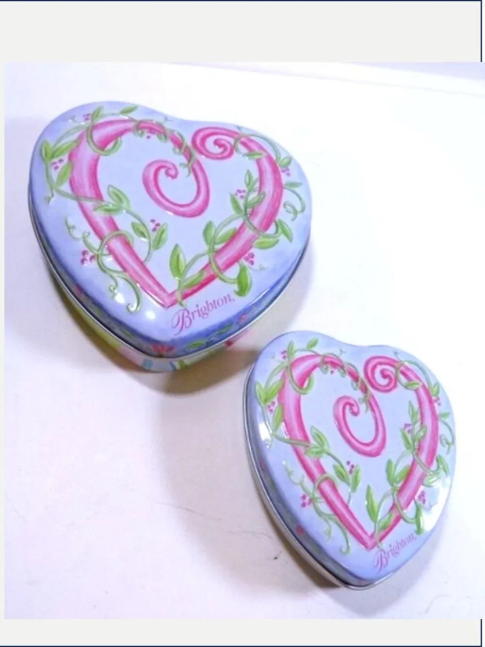 Brighton Heart Shaped Metal Tins Set Nested Keepsake Storage Pink Vines Embossed